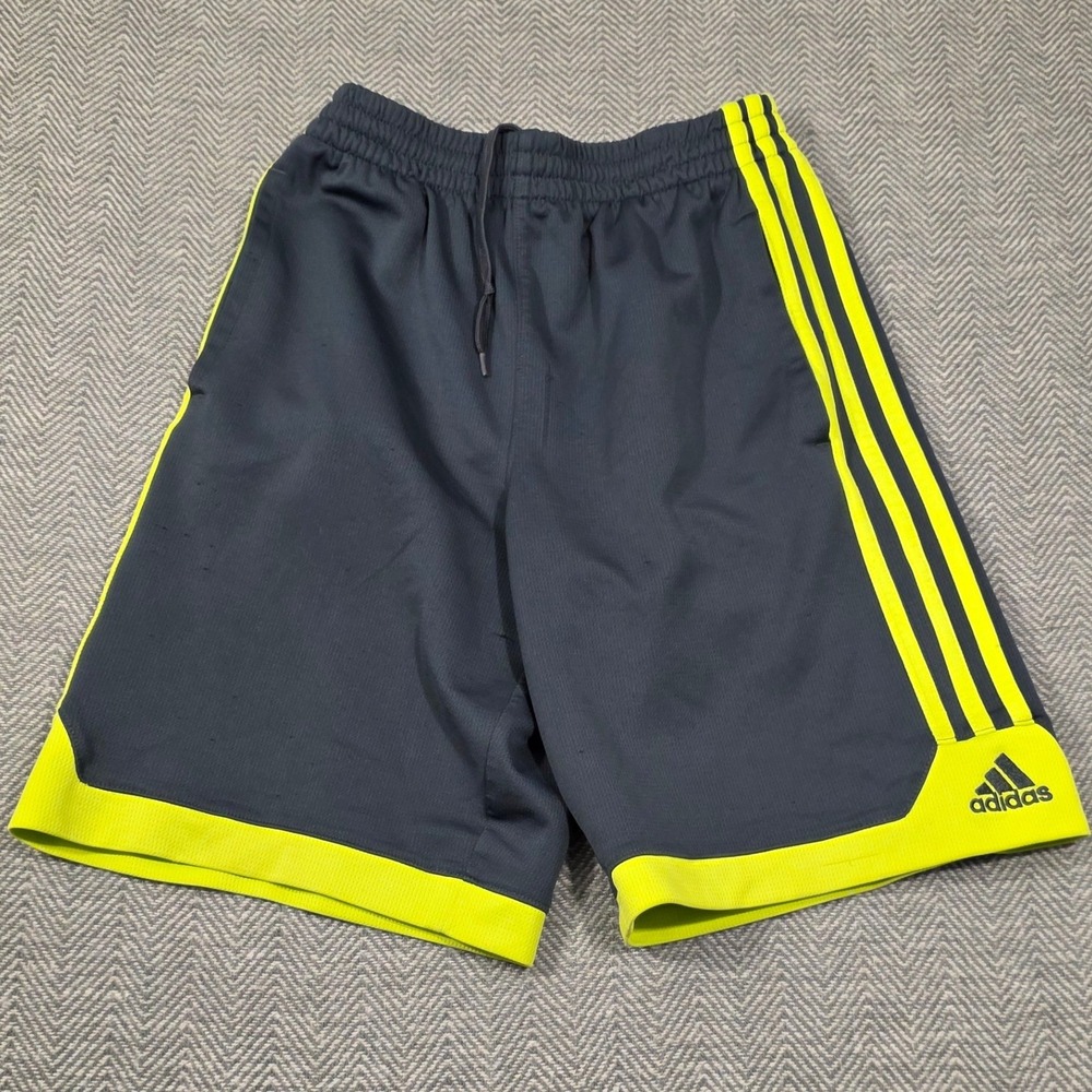 Adidas Boys Gray Neon Yellow 3-Stripe Athletic Mesh Shorts Size M 10-12‎